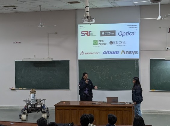 CRISS Robotics sponsors slide in classroom presentation showing Dwart Industries as official 3D printing sponsor