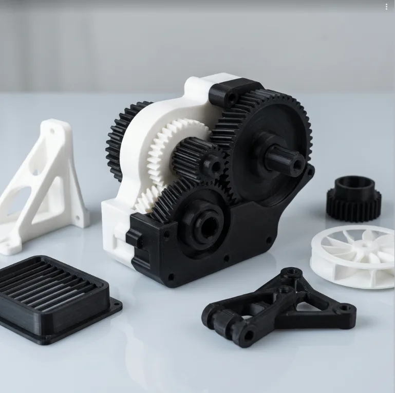 Group of Hyper PLA 3D printed parts including gears, mounts and covers
