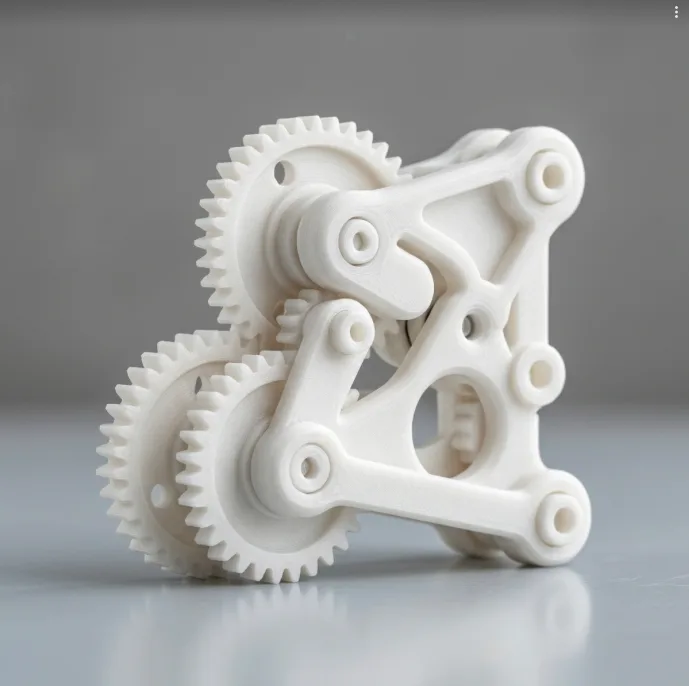 PA12 nylon 3D printed gear train with spur gears, rocker links and a bushed frame plate