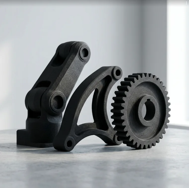 PA12-CF 3D printing service India — carbon fibre nylon gear and bracket printed by Dwart Industries