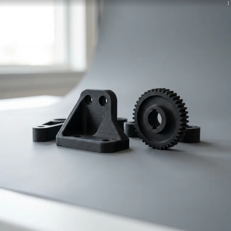 Assorted PA6-CF carbon fibre nylon engineering parts printed on enclosed FDM machines in India
