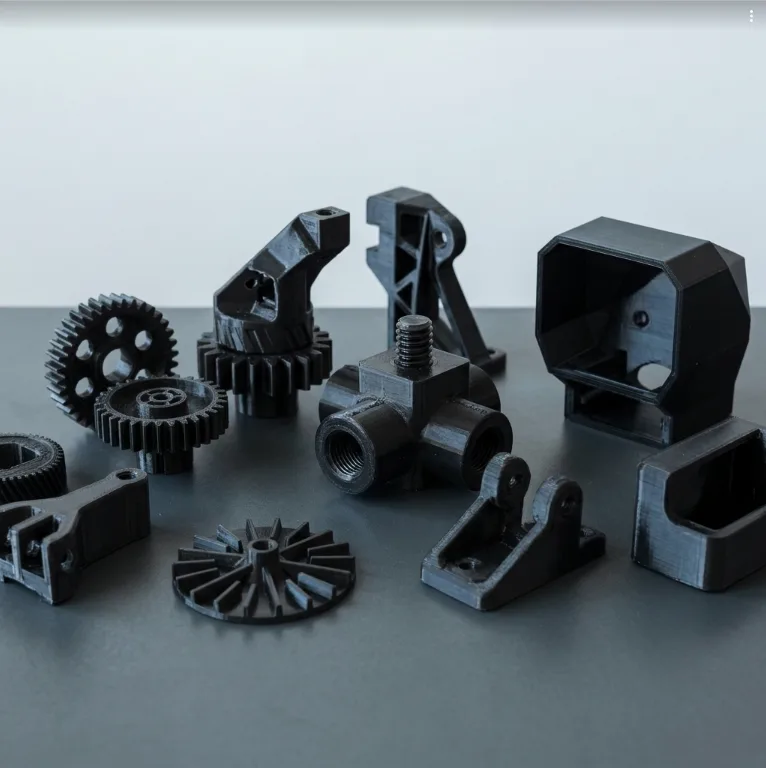 Polycarbonate 3D printed parts including spur gears, an impeller, a tee fitting and brackets by Dwart Industries