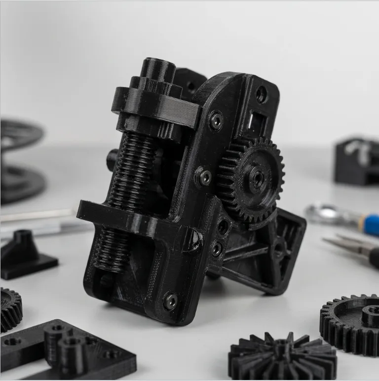 3D printed polycarbonate lead screw actuator with printed threads, gear drive and gusseted base
