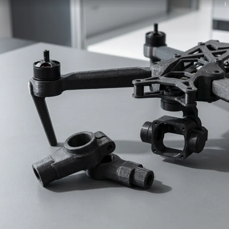 PETG carbon fibre 3D printed drone frame and structural components in black