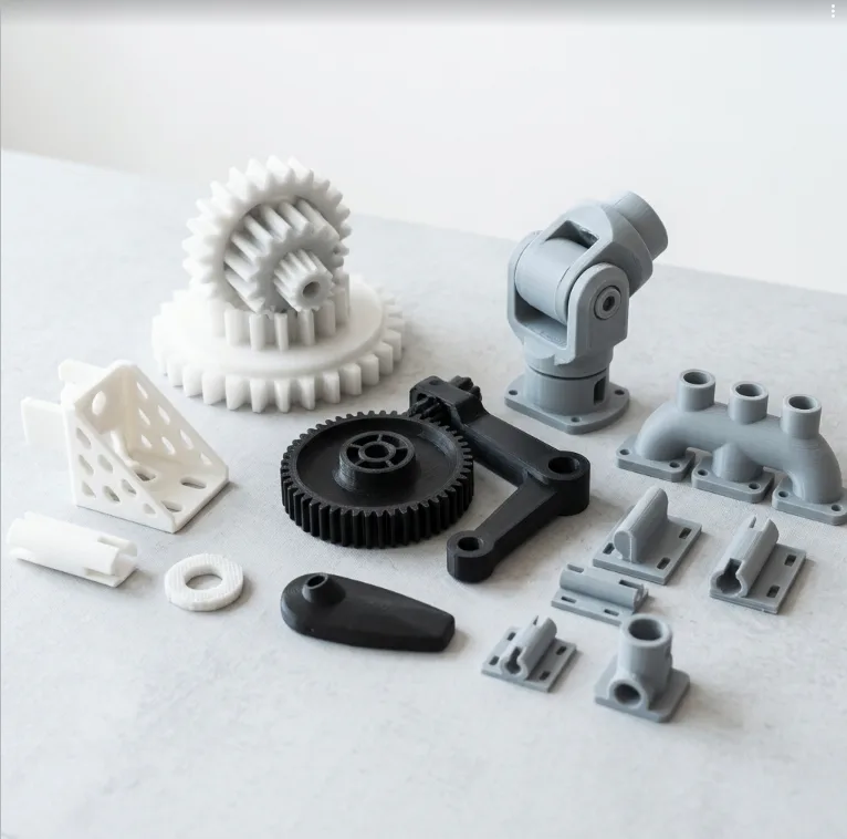 PLA Plus 3D printed components in white and black showing a smooth layer finish