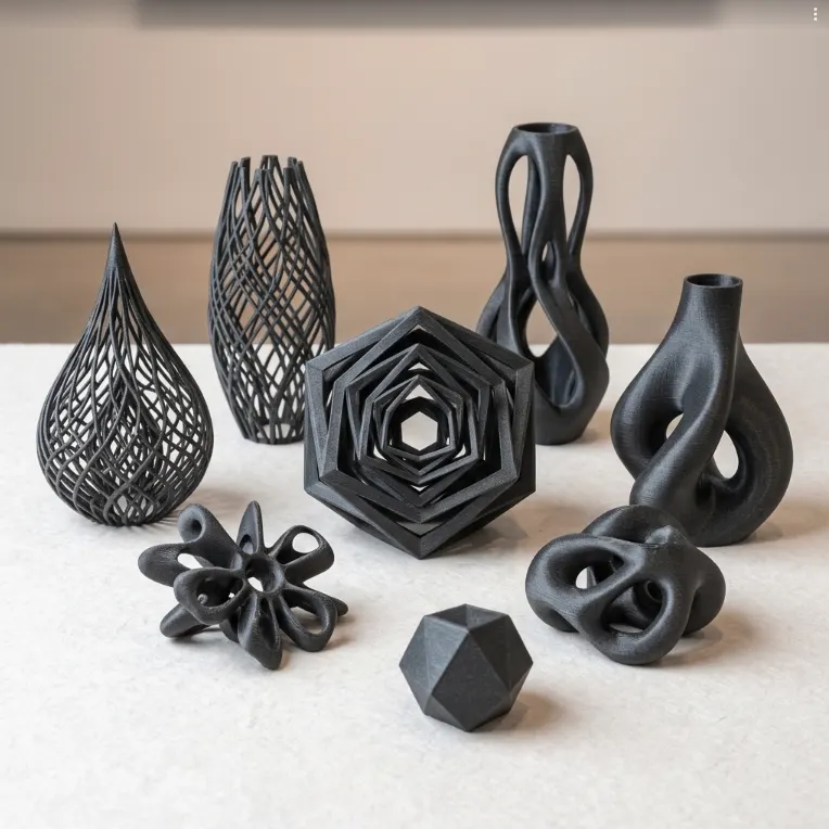 Matte black PLA carbon fibre 3D printed geometric and organic display pieces