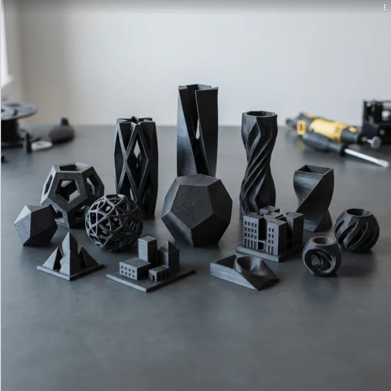 PLA carbon fibre 3D printed brackets and structural parts in black