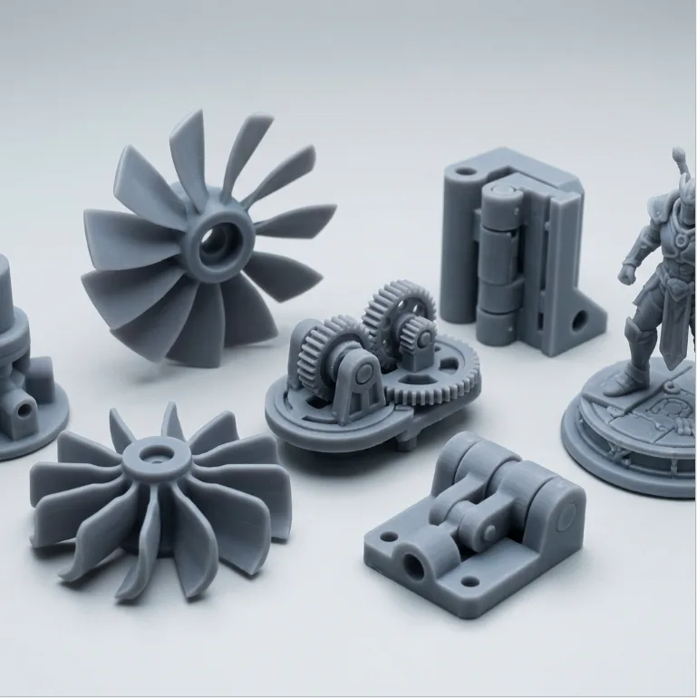 Grey resin 3D printed impeller and turbine blades showing fine feature detail